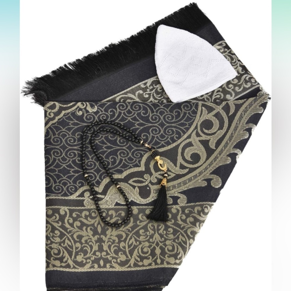 Prayer Mat, Prayer Beads+ Prayer Cap Muslim Turkish Design Portable (Black) NIP